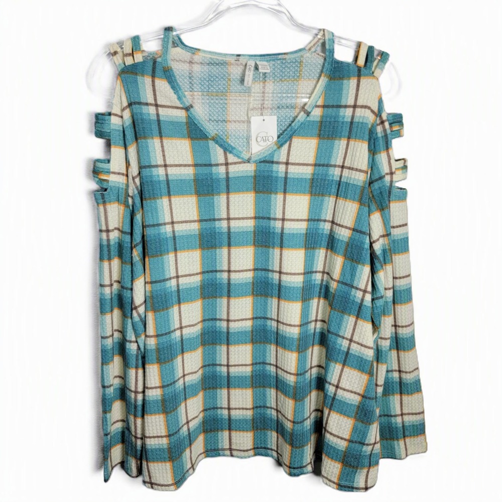 Cato Women‎ 22/24W Top Blue Plaid Waffle Knit Cold Shoulder Strappy V-Neck NEW